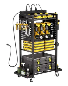 4-Tier Tool Organizer Cart With Charging Station For Workshop And Garage, Rolling Utility Cart On Wheels With Power Strip And USB Ports, Cord Management System, Durable Steel Frame, Mobile Storage Solution For Tools And Parts
