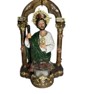 San Judas Tadeo Devotional Resin Statue Candle Holder Hand Painted Religious Figurine with Ornate Arch & Glass Votive Inspirational Home Décor Prayer Gift 10 Inch Tall