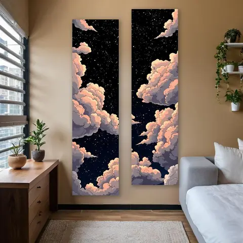 Starry Night Sky Pattern Wall Tapestry, 2 Counts/set Fantastic Clouds and Star Landscape Long Narrow Tapestry, Wall Hanging Decor for Bedroom, Home Bedroom Decor, Durable Decorative Tapestry, Decoration