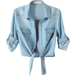 Women's Denim Shirt 3/4 Sleeve Tie Front Top Knot Chambray Cardigan Button Shirt Jean Crop Top Jacket