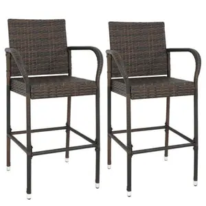 JupiterForce 2PCS Rattan Wicker Bar Stool Outdoor Backyard Patio Furniture Chair with Armrest