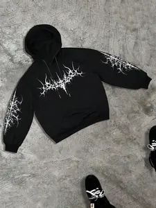 Men's Regular Fit Fleece Hoodie, Knitted Spider Web Print Drawstring Hoodie, Casual Pocket Long Sleeve Hooded Sweatshirt, Men Clothes for Fall & Winter Daily Wear
