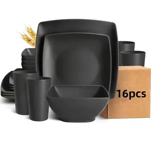 1 Set 16-Piece Wheat Straw Square Steak Plates Salad Bowls 4-Person Dinnerware Set Cups Gift Set