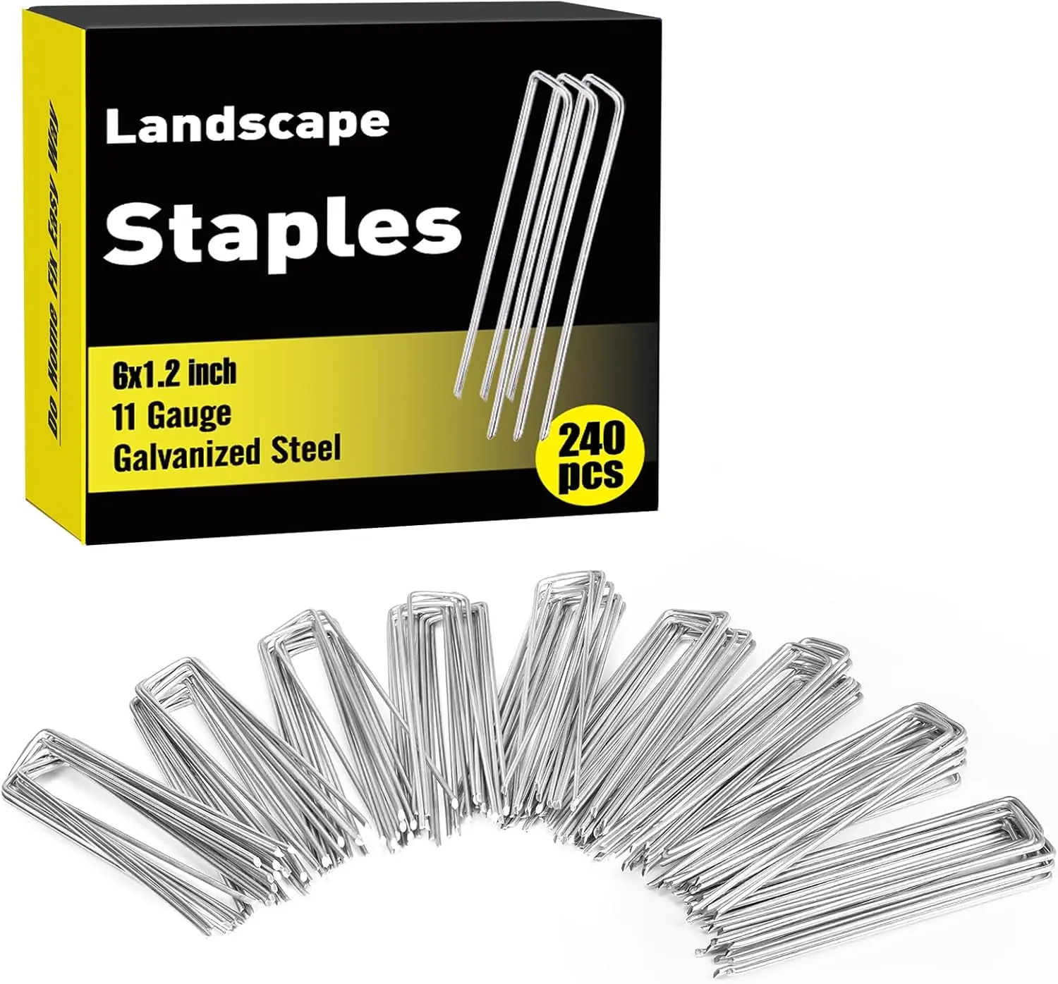 240 Pack 6 Inch Landscape Staples, Garden Stakes Galvanized Tent Stakes Heavy Duty 11 Gauge SOD Landscaping Fabric Pins Yard Ground Lawn Staples for  Cover, Turf, Fence, Grass Decoration