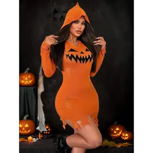 Vibrant Orange Women’s Bodycon X-Silhouette Hooded Halloween Dress with Distressed Pumpkin Face Design – Casual Knit Costume