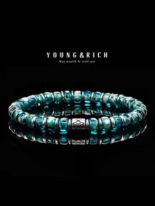 Young&rich Men's Blue Glass Hematite Bracelet, Unique Vintage Jewelry, Trendy Accessory, Small Batch Design, Perfect for Stylish, Bohemian Bracelets, Pretty Bracelet