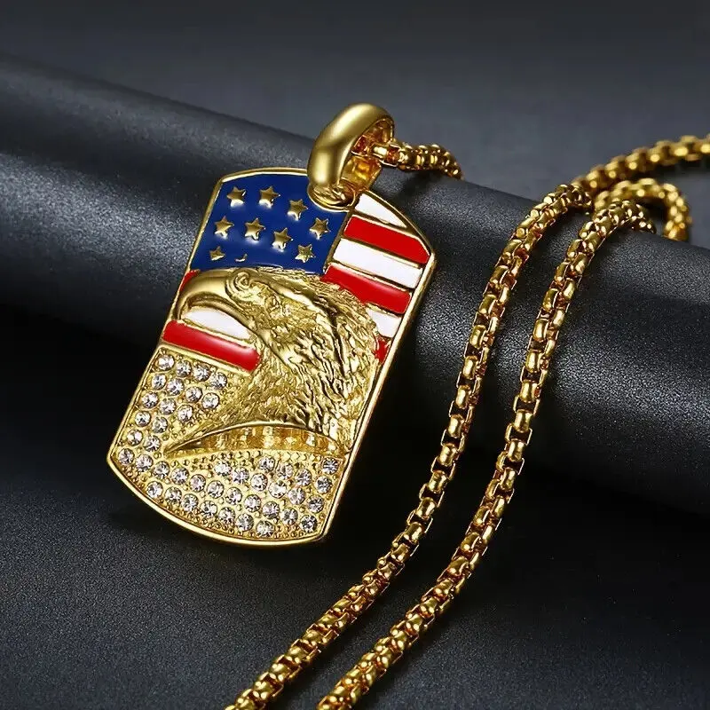 MaxBling81 Unisex Stainless Steel American Flag Eagle Dog Tag Pendant (45x30mm) with 24-inch Rolo Chain Necklace, Hip Hop Patriotic Jewelry, 45Mm X 30Mm, Great Gift For America Lovers