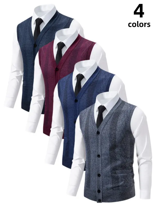 Men's Tailored Fit V-Neck Polyester Knit Waistcoat - Button-Front, Textured, Medium Stretch, Casual Basic Tops with Pockets, Soft & Warm for Business Layering