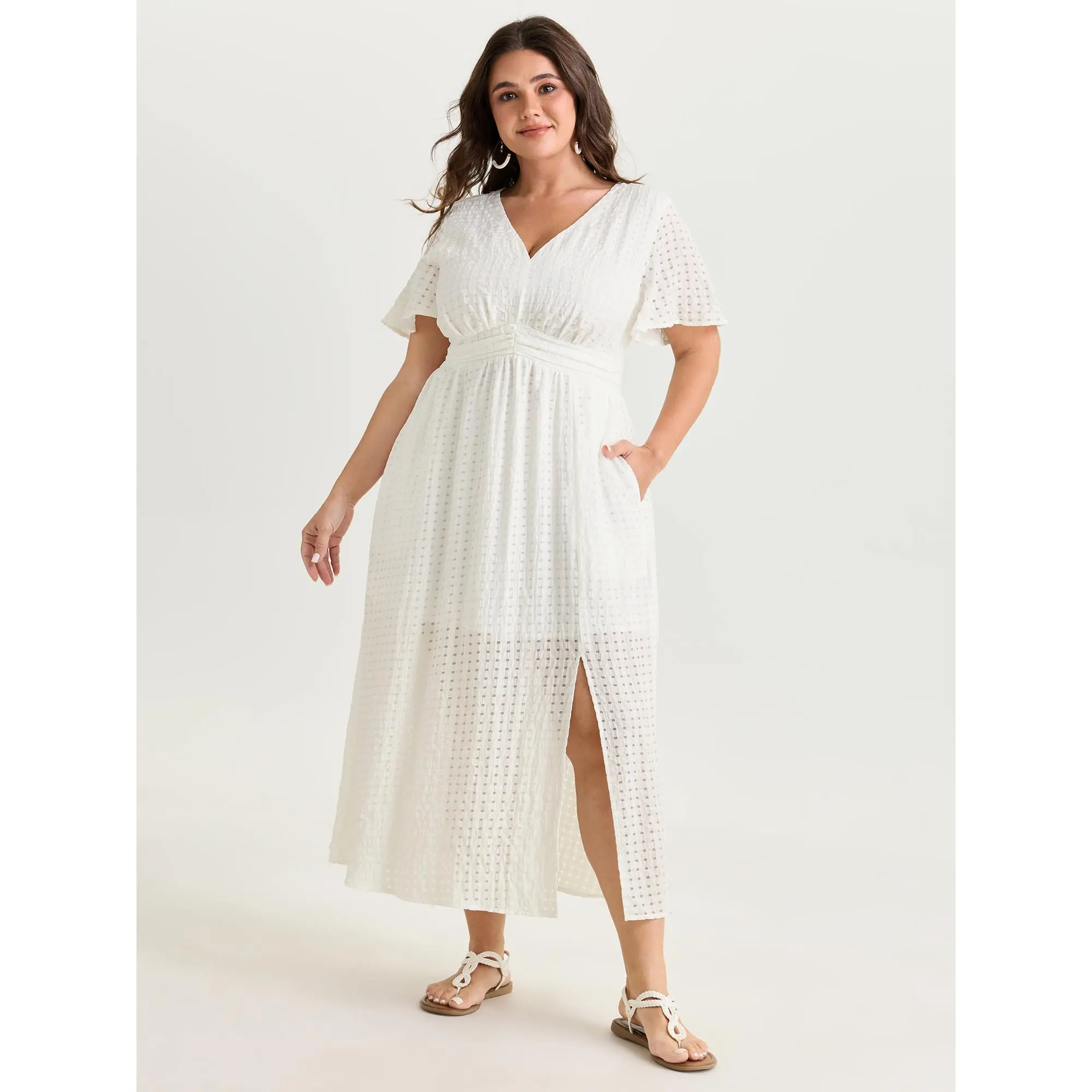 BloomChic Women's Plus Size Boho V-Neck Midi Dress, Casual Cable Knit Rayon Blend with Flutter Sleeves and Pockets, Women's Clothes
