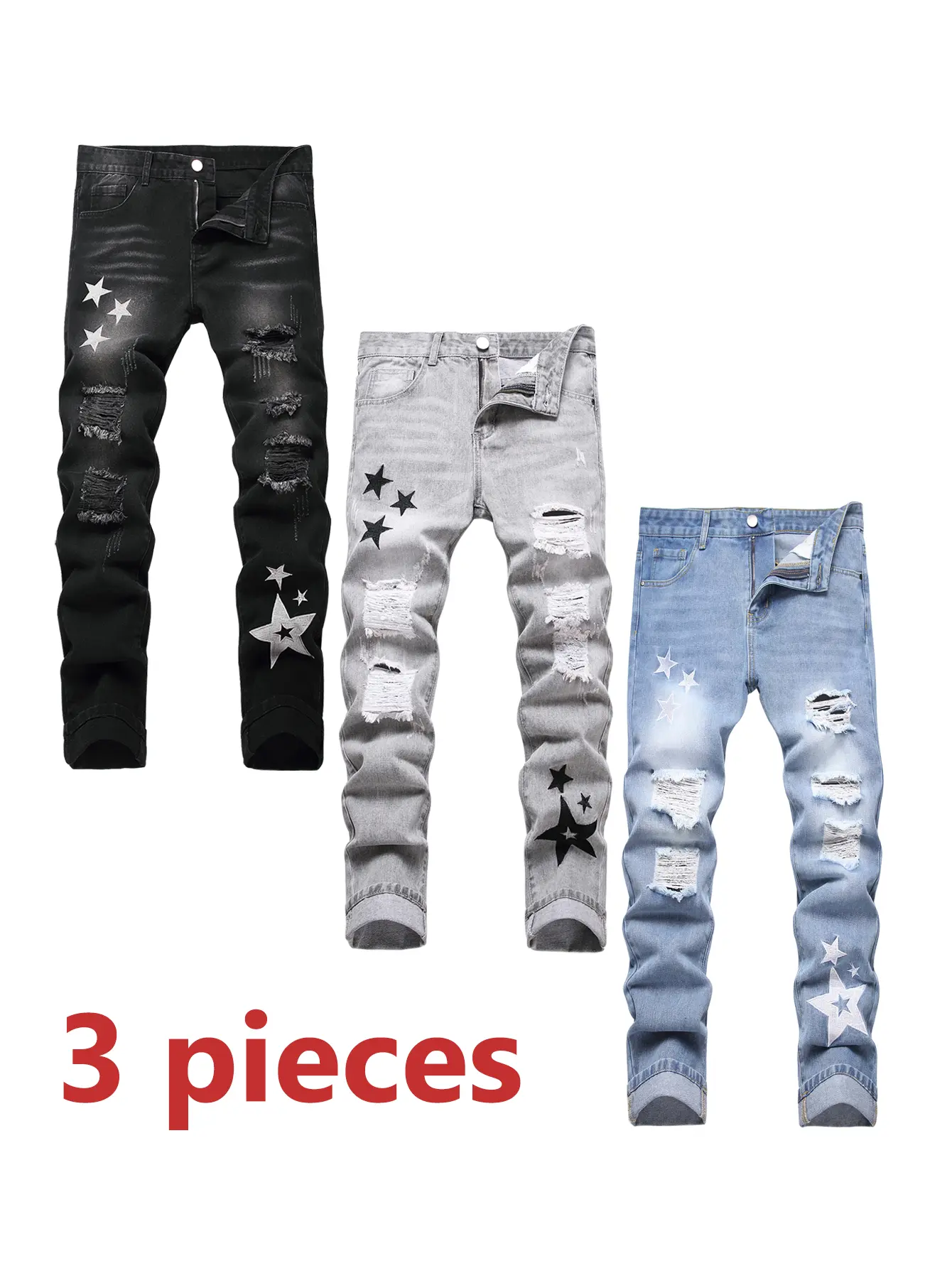 Men's Streetwear Ripped Jeans with Star Embroidery, 3-Piece Casual Denim Set for Birthday Outfits in Black, Gray, and Blue, Menswear, Trouser, Denim Fabric, Ripped Edges, Slim-Fitting, Machine Washable, Distressed Clothing Recommendations, Gen X Streetwea
