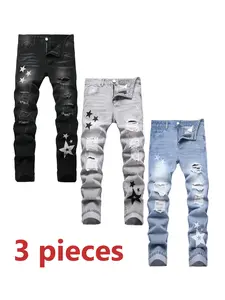 3 Pieces Slim Fit Fashion Jeans For Men, Casual Street Style Ripped Denim Pants, Comfy Stylish Street Style Trouser, size 28 jeans Menswear Hipster