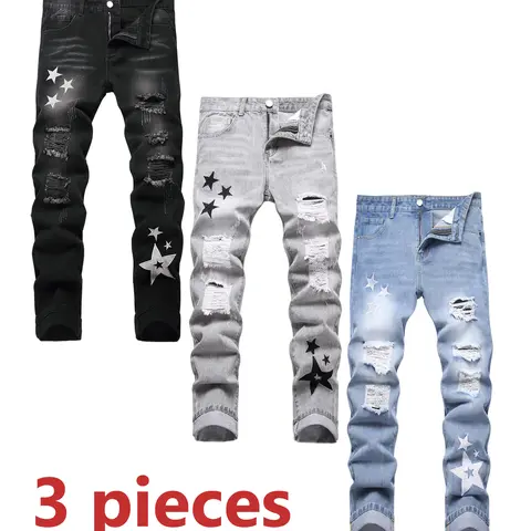 Men's Stylish Streetwear 3-Piece Casual Denim Menswear Set - Slim-Fitting Mid-Waist Ripped Edges Ripped Jeans, Star Embroidery, Multi-Function, All-Seasons Fashion, Party Outfits, Black/Grey/Blue, Machine Washable, Trouser Pants