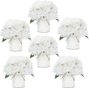 Flower Table Centerpieces - Set of 6 Floral Arrangement Artificial Wedding Hydrangeas Floral Arrangement with Rustic Vase for Bridal Tea Event Decorations - White