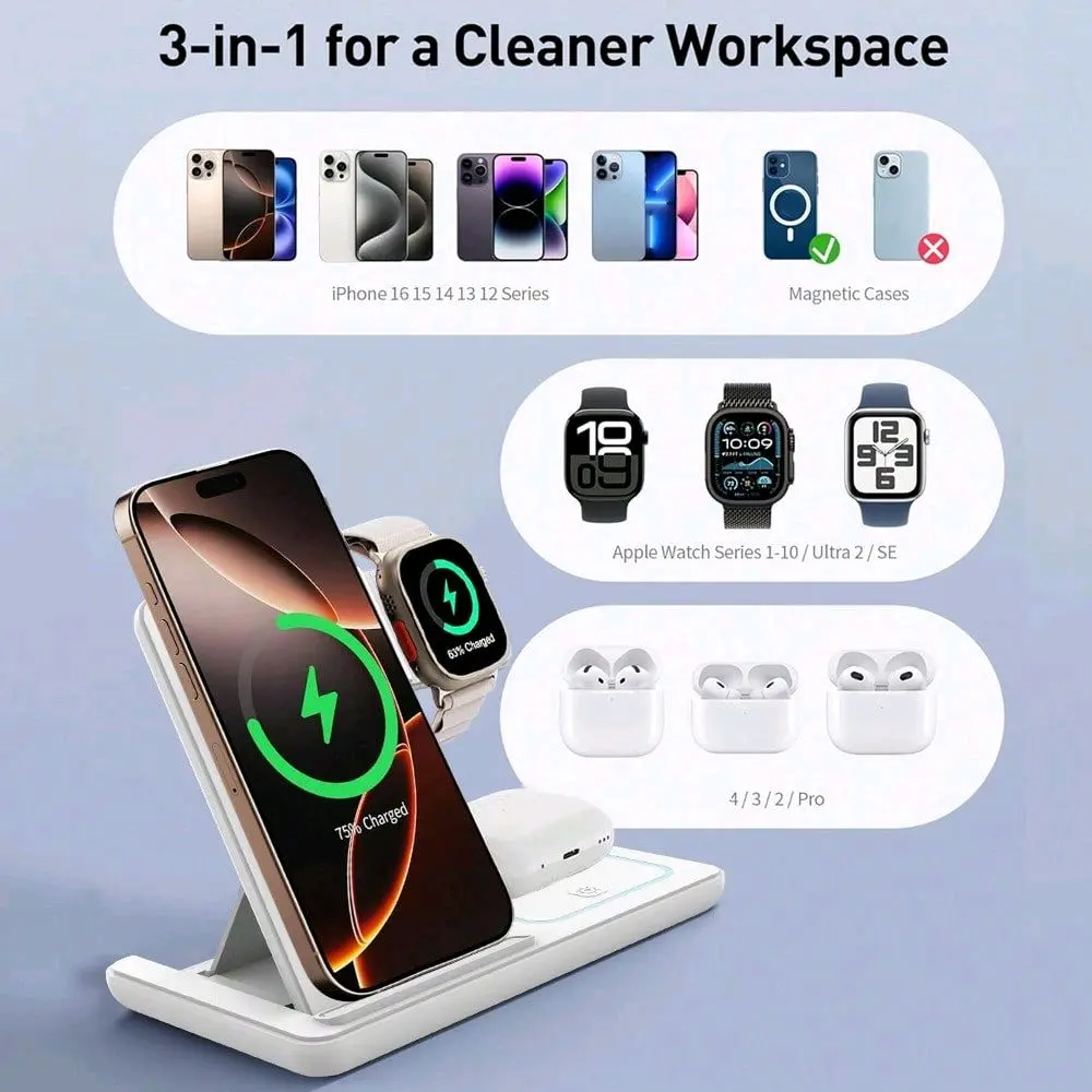 3-in-1 Foldable Phone Charger, 33W Speed Charging Station for Smartphone, Cellphone, Mobile Devices