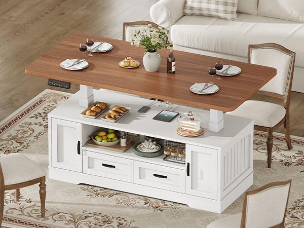 SEDETA 47.2" Electric Standing Coffee Table with Storage, Farmhouse Lift Top Coffee Table with Drawers and Open Shelves, Height Adjustable Tables with Power Outlet, for Living Room