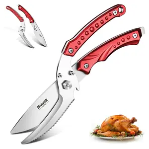 Huusk Heavy Duty Detachable Kitchen Scissors - Serrated Edge Poultry Shears for Chicken, Turkey, Fish Bone - All-Purpose Burgundy Cooking Scissors