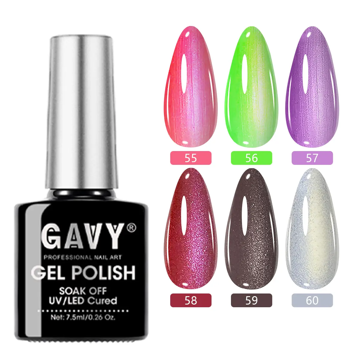 GAVY Velvet Cat Eye Gloss 6-Pack Assortment Kit Silk Magnetic Gel Nail Polish (#55-60: Peach, Lime, Purple, Pink, Taupe, Champagne) - 5-Free, Long-Lasting UV LED Soak-Off Soft Glam Manicure Use Set, Lavender-Infused Cosmetic Gift, Nail Care