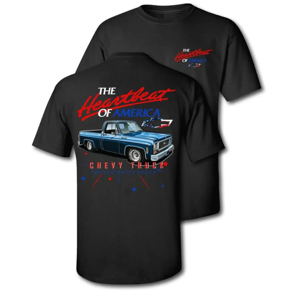 Heartbeat of America Chevy T-Shirt, Retro Blue C10 Pickup Truck Graphic with Flag Accents, LowTrendz Patriotic Graphic Shirt for Classic Chevy Truck Fans, Gift for Vintage Pickup Lovers or USA Car Enthusiasts