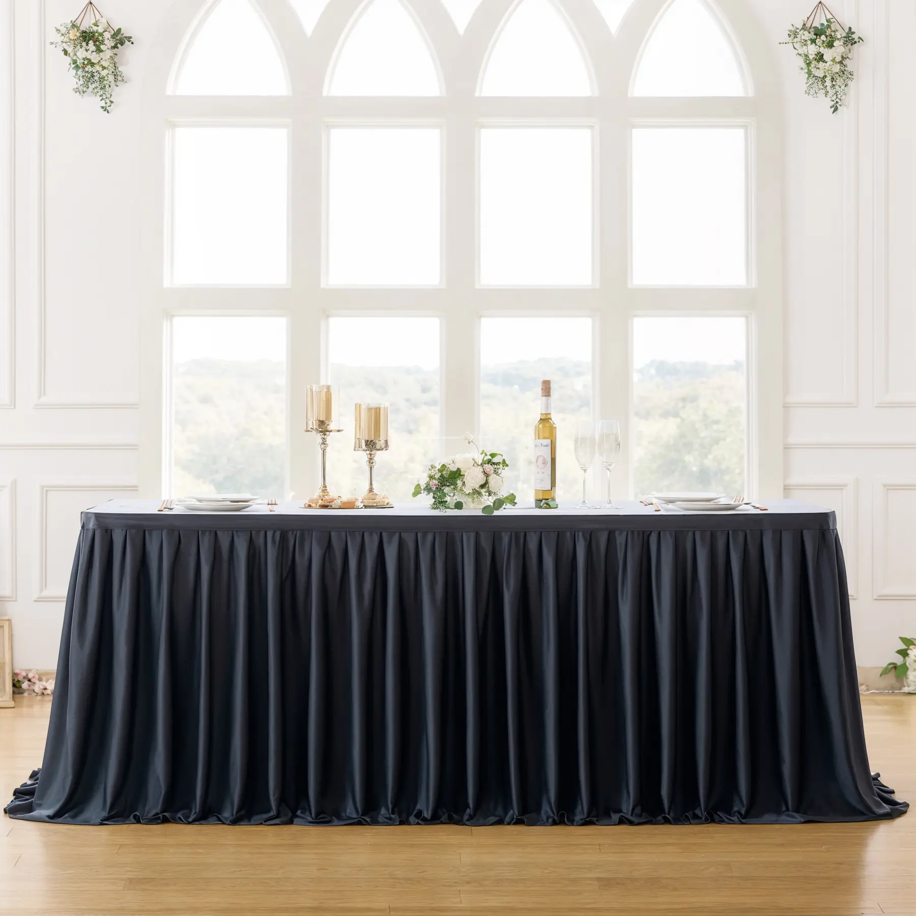 Classic Pleated Ruffle Wrinkle-Free Polyester Rectangle Table Skirt - Front-Only Coverage for 6ft/9ft/14ft Tables, Festive Home & Party Decor Accessory for Weddings, Halloween, Holiday Events