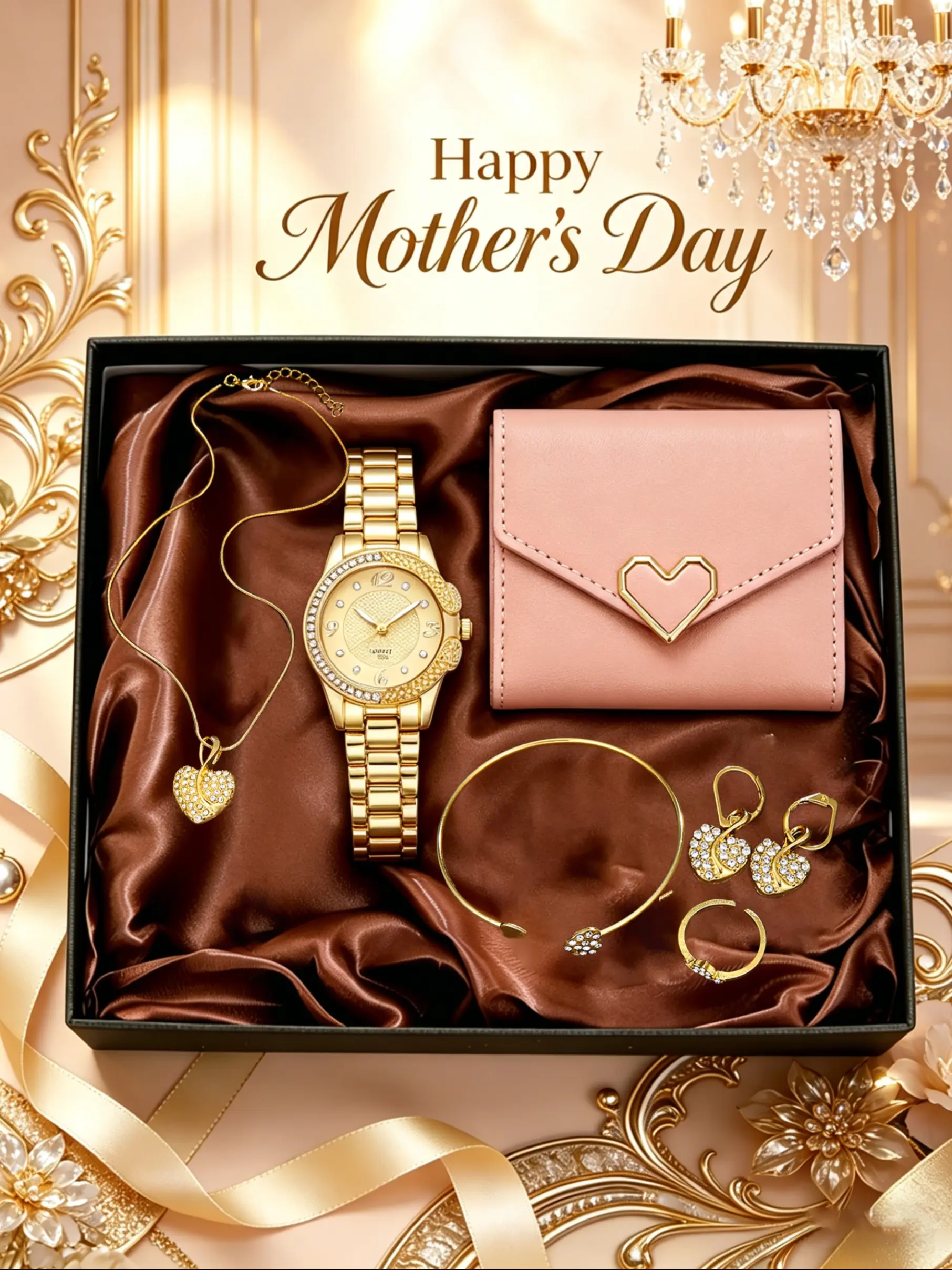 7pcs Mother's Day Gift Set, Luxury Jewelry Watch Box, Accessories Set, Watch Necklace Earrings Ring Bracelet Wallet, Accessory Set, Elegant Practical Gift