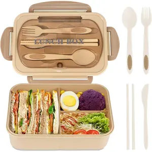 【Tiktok Top Seller】 Adult lunch box 1200ml lunch box container, Eat box LeakProof Lunch Box with Utensils, BPA Free, 3 Compartment Bento Box Microwave Safe bentgo box Tableware Khaki for Kids