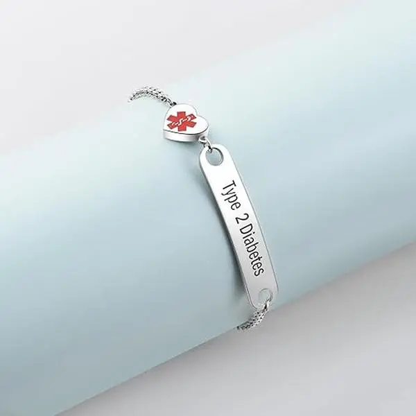 Heart Medical Alert ID Bracelet for Women Emergency First Aid Health Alert Stainless Steel Adjustable Chain Bracelets