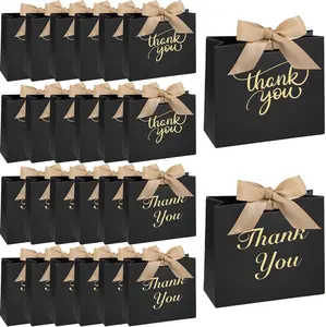 24PCS Thank You Gift Bags, 4.5x3.9x1.8Inches Mini Party Favor Bags Black Treat Boxes with Bow Ribbon for Wedding Bridal Baby Shower Birthday Party