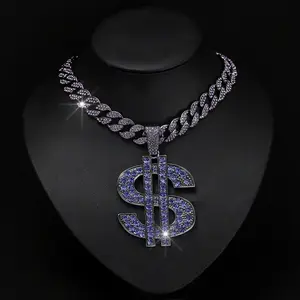 Necklace Dollar Pendant Moissanite Purple Full Diamond Cuban Link Hip Hop Jewelry Fashion Daily Wear Party Gift For Men Women Unisex Trendy Statement Jewelry