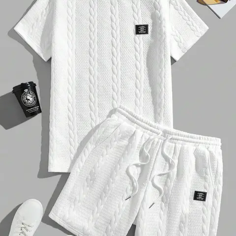 Men's Solid Textured Patched Tee & Drawstring Waist Shorts Set, Regular Fit Casual Round Neck Short Sleeve T-shirt & Pocket Shorts, Men's Summer Clothes