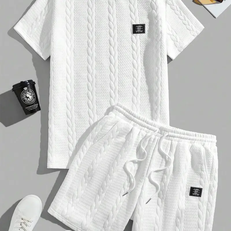 Men's Solid Textured Patched Tee & Drawstring Waist Shorts Set, Regular Fit Casual Round Neck Short Sleeve T-shirt & Pocket Shorts, Men's Summer Clothes