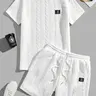 Men's Solid Textured Patched Tee & Drawstring Waist Shorts Set, Regular Fit Casual Round Neck Short Sleeve T-shirt & Pocket Shorts, Men's Summer Clothes