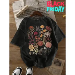Women's Vintage Washed T-Shirt - Oversized, Multicolor Retro Floral Print on Black, Crew Neck Short-Sleeve, Machine Washable Spring/Summer Campus Streetwear (US Warehouse Shipping)  Crewneck Womenswear Shortsleeve graphic tee good graphic tees