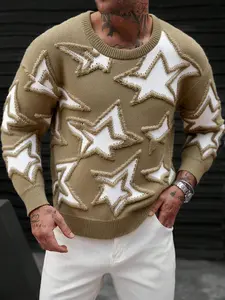 Autumn Winter Star Knit Sweater, Unisex Ripped Colorblock Casual Cozy Pullover, Round Neck Long Sleeve Loose Fit Streetwear Top