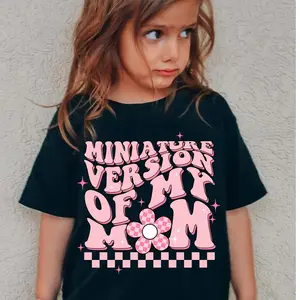 Milkyship Girls' "Miniature Version of My Mom" Graphic Tee - Cute Black Cotton T-Shirt with Pink & White Checkered Design, Casual Short Sleeve Round Neck Top for Summer