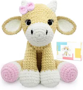 Crochet Kit for Beginners,11.8in Crochet  Kit Cow,Crochet Starter Kit  for Adults  with Yarn Sets,Amigurumi Crochet Kit with Step-by-Step Video Tutorials