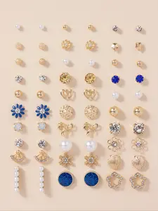 30 Pairs Fashion Elegant Flower & Faux Pearl Decorated Stud Earrings, Casual Rhinestones Ear Jewelry for Party, Daily Clothing Decor