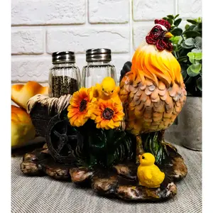 Farm Hay Wagon Sunflower Mother Hen & Chicks Salt Pepper Shakers Holder Figurine