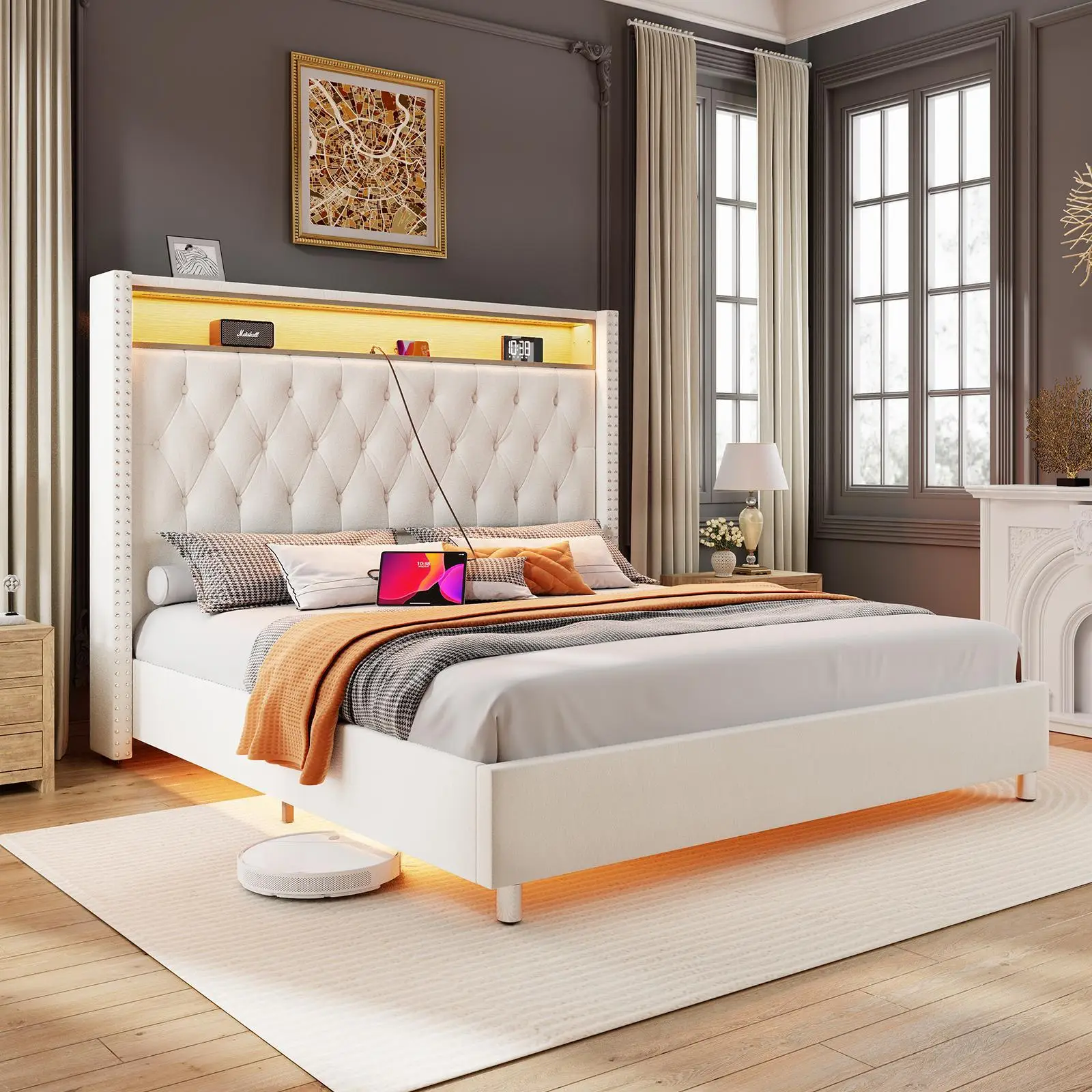 AMERLIFE LED Bed Frame with Charging Station Upholstered Bed Frame with Headboard Storage Motion Activated Night Light, No Box Spring Needed