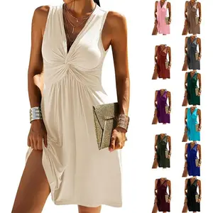 Imily Bela Women's V Neck Front Knotted Sleeveless Tank Dress Summer Solid Casual A Line Dress