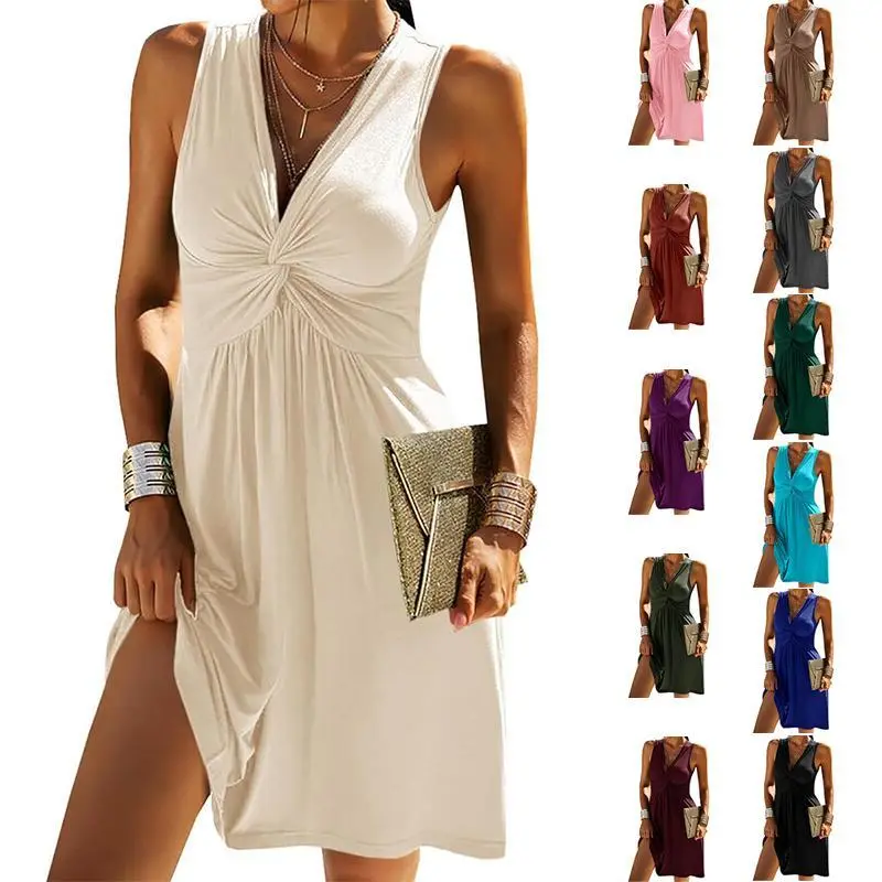 Imily Bela Women's V Neck Front Knotted Sleeveless Tank Dress Summer Solid Casual A Line Dress