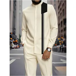 Men's 2-Piece Polyester Collared Long-Sleeve Color-Blocked Casual Shirt Set - Tops & Pants with Polyester Fabric, Menswear Fashion Outfit, Valentine's Day & Everyday Wear, All-Season Suitable
