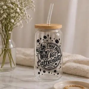 Dead Inside But Caffeinated Glass Cup | Funny Coffee Lover Can Glass | Iced Coffee Cup With Lid & Straw