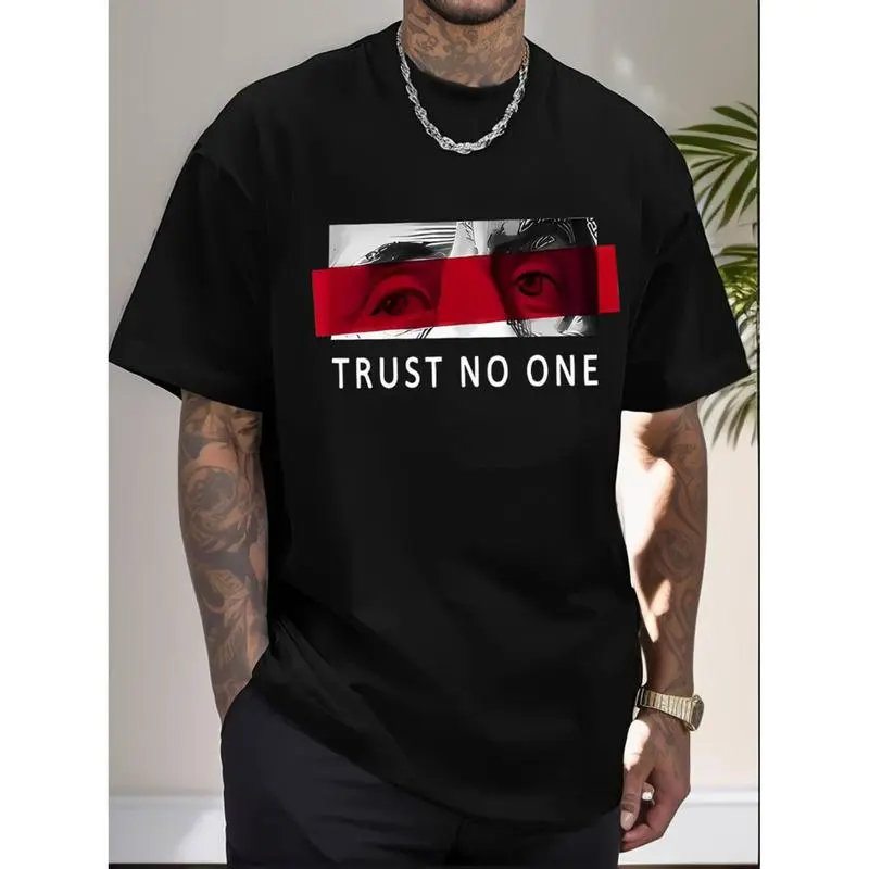 funny vintage Men's Extra Large "Trust No One" Graphic T-Shirt - Casual Cotton, Short Sleeve, Loose Fit, Red & Black Striped Design, Machine Washable, PLUS SIZE
