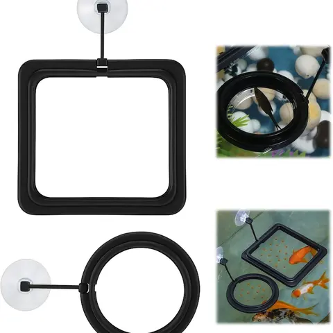 2-Pack Plastic Circular Floating Aquarium Feeding Ring Accessory with Suction Cups - Stain-Resistant, Window-Mountable, Square/Circle Dual-Shape Zone, Water-Friendly Fish-Raising Tool for Guppies, Cuts Maintenance, Perfect Gift for Aquarists & Hobbyists