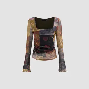 Cider [size 2-26] Mesh Square Neck Floral Patchy Lettuce Trim Ruched Long Sleeve Top