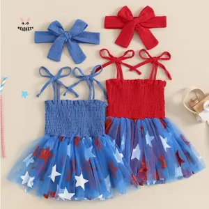 4th of July Kids Girls Rompers Dress Tie-Up Spaghetti Strap Star Pattern Mesh Skirt Hem Bodysuits Summer Clothes with Headband, Elastane