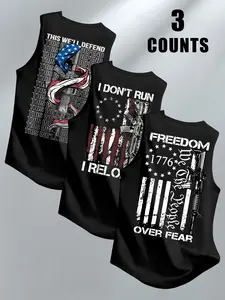 Men's High-Value Combo Pack, Sleeveless Round Neck T-Shirt, American Flag + Gun Print, Casual Fitted Style, Versatile Patriotic Look