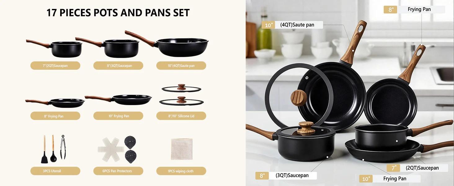 [FLASH SALE] ROVSUN 17 Pcs Nonstick Pots and Pans Set Black