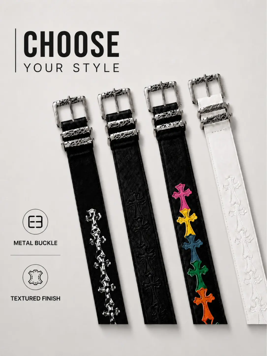 Unisex 110cm Fashion Roller Belt with Pebbled Pattern – Featuring Colorful Crosses and Detailed Buckles for a Youthful Style