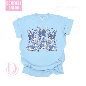 Blue Floral Trio Bunnies Comfort Color T-shirt